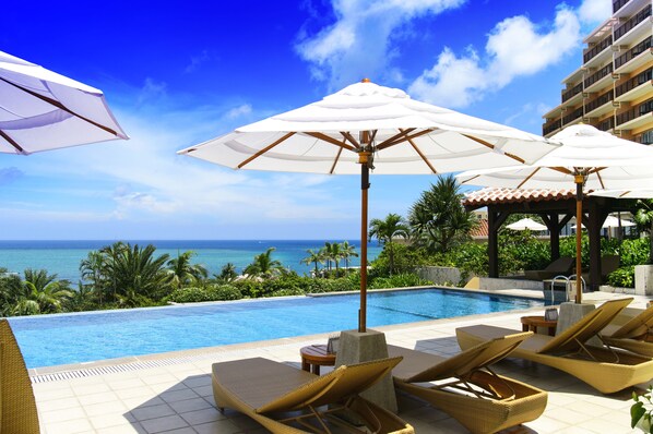 Seasonal outdoor pool, open 8:30 AM to 6:00 PM, pool umbrellas