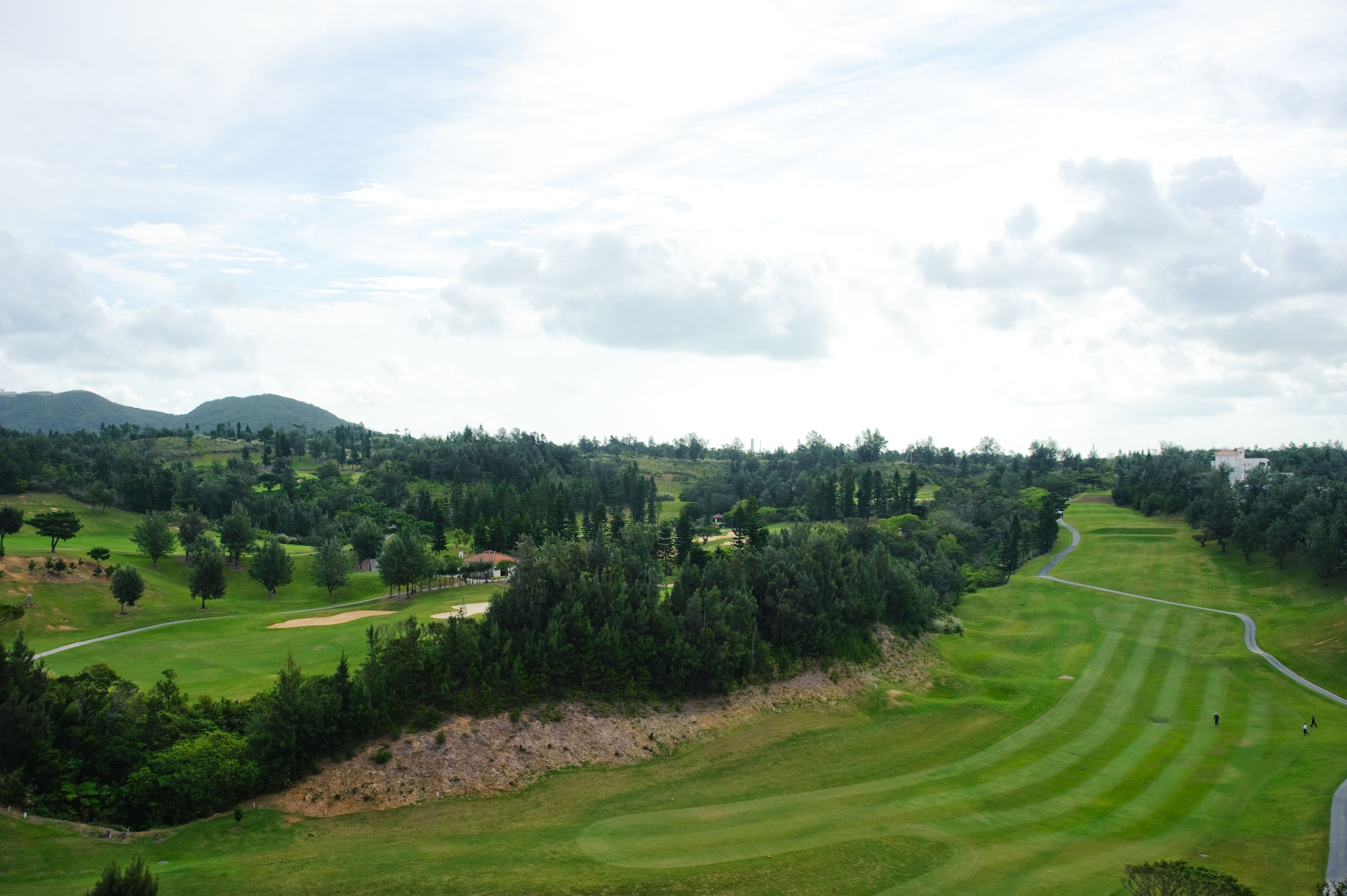 A golf course with a winding path, surrounded by dense trees and distant mountains.