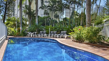 Indoor pool, outdoor pool, open 7 AM to 9 PM, pool loungers