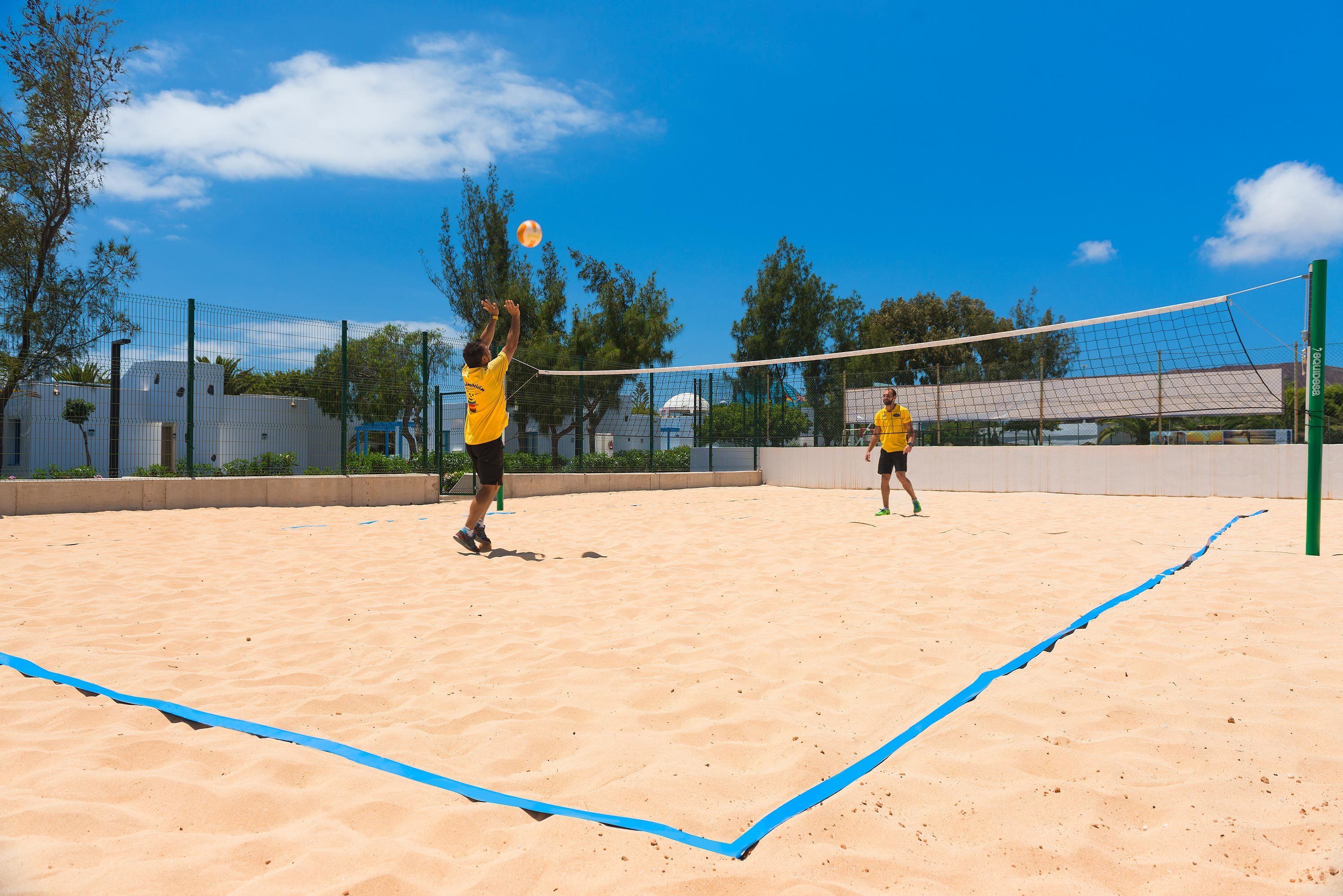 Un terrain de beach-volley sablonneux, avec un filet et des lignes de démarcation bleues.