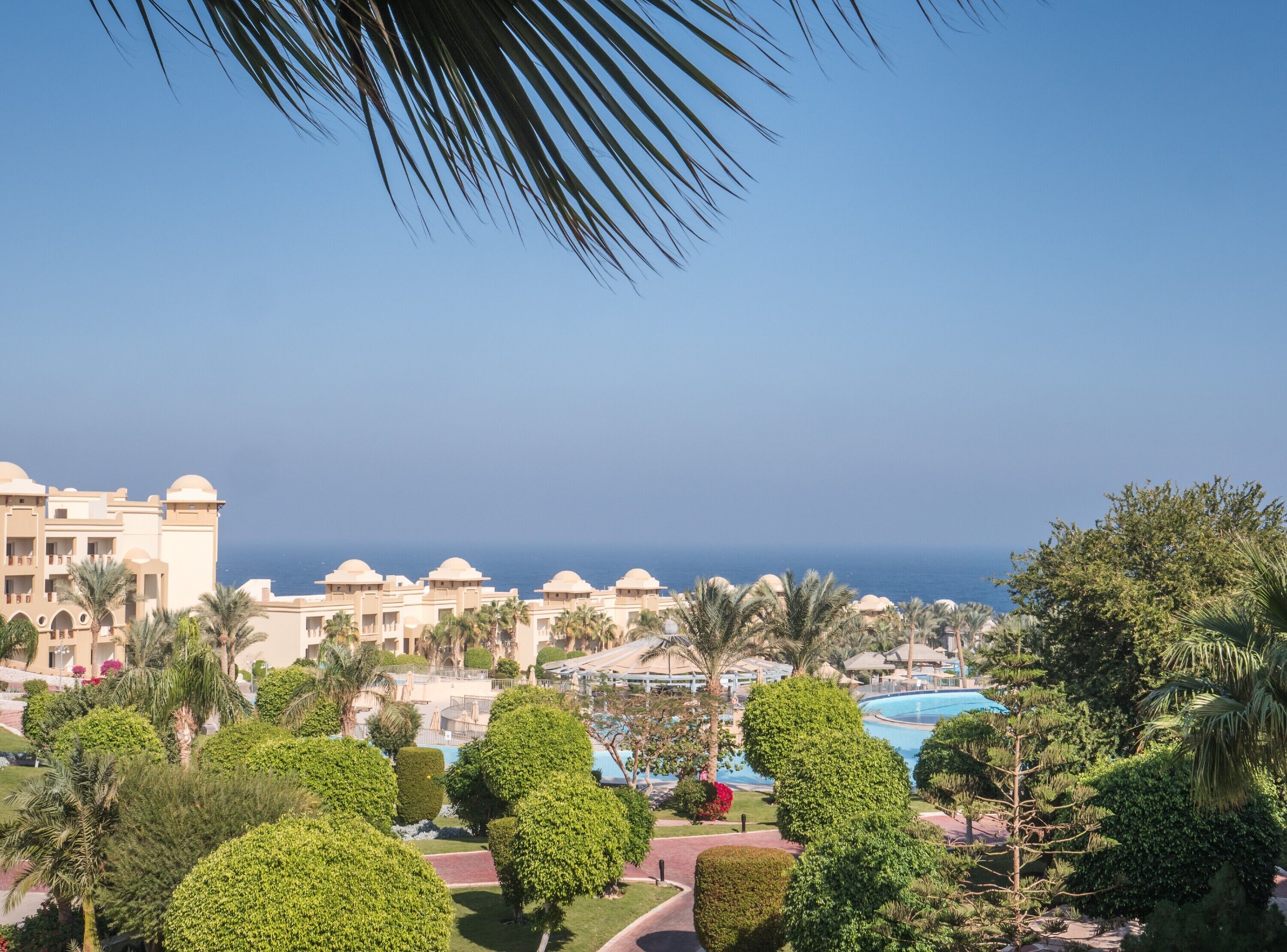 Un resort con varias edificaciones, piscina y palmeras.
