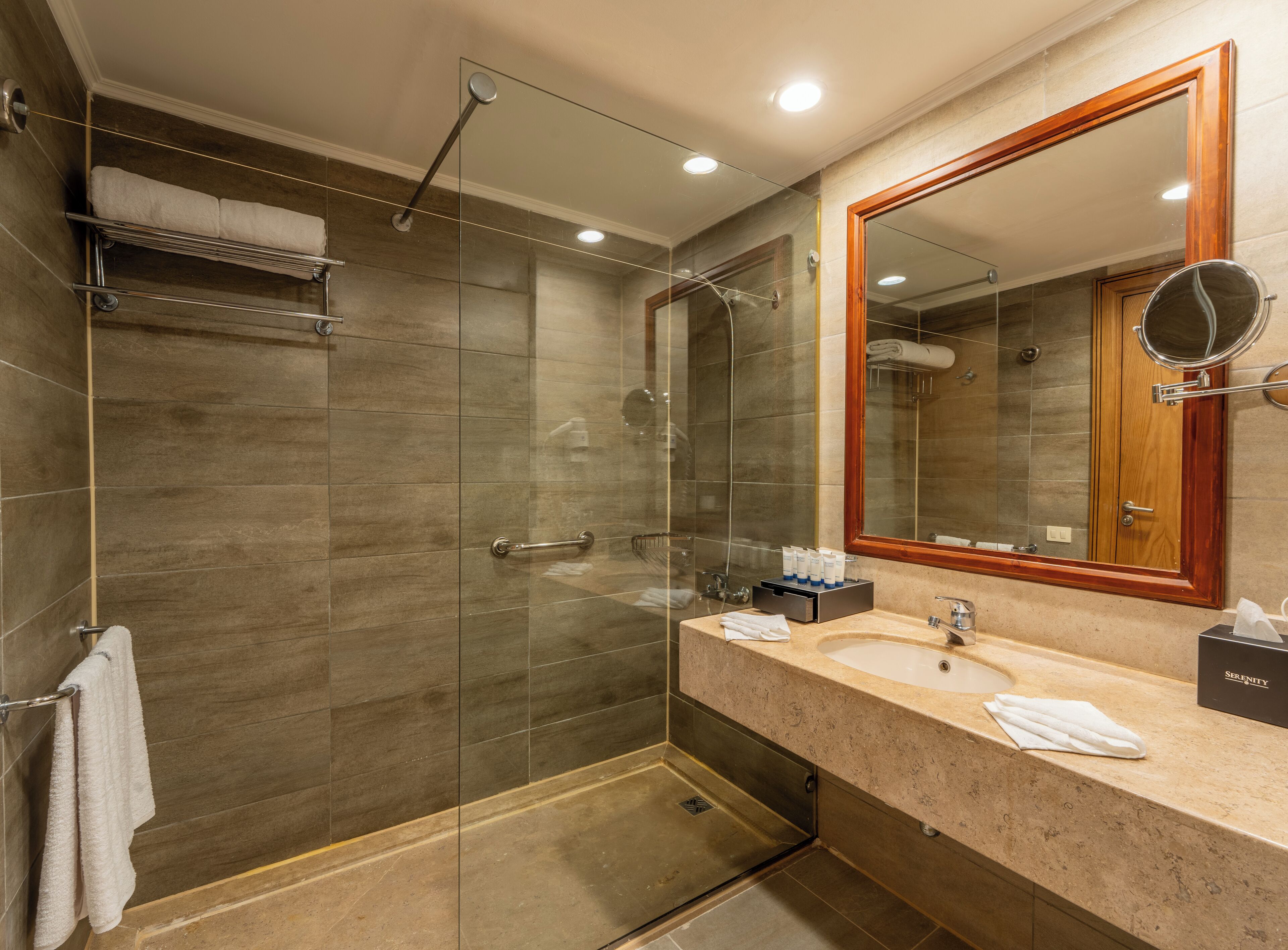 shower, free toiletries, hair dryer, towels