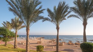 A beachside resort with palm trees, sun loungers, and umbrellas. - SRNTY Sea Reef - Ex Serenity Alpha Beach (Makadi Bay)