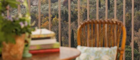 Una silla de mimbre con un cojín, una mesa con libros y una planta en maceta, y vista de un paisaje urbano con edificios y árboles.