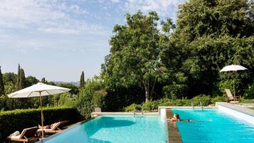 Seasonal outdoor pool, open 9:00 AM to 6:30 PM, pool umbrellas