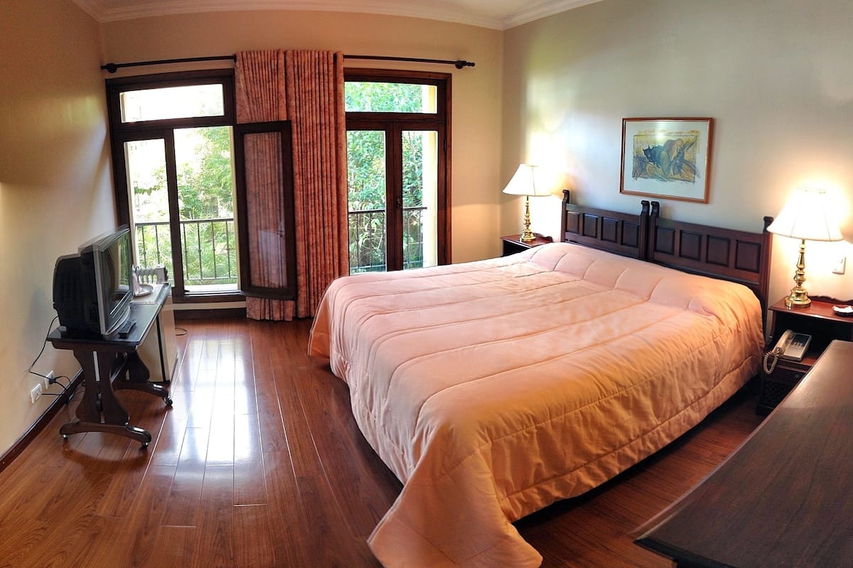 Habitaci ón de hotel con una cama grande, un escritorio con televisor, dos lámparas de noche y un cuadro en la pared.