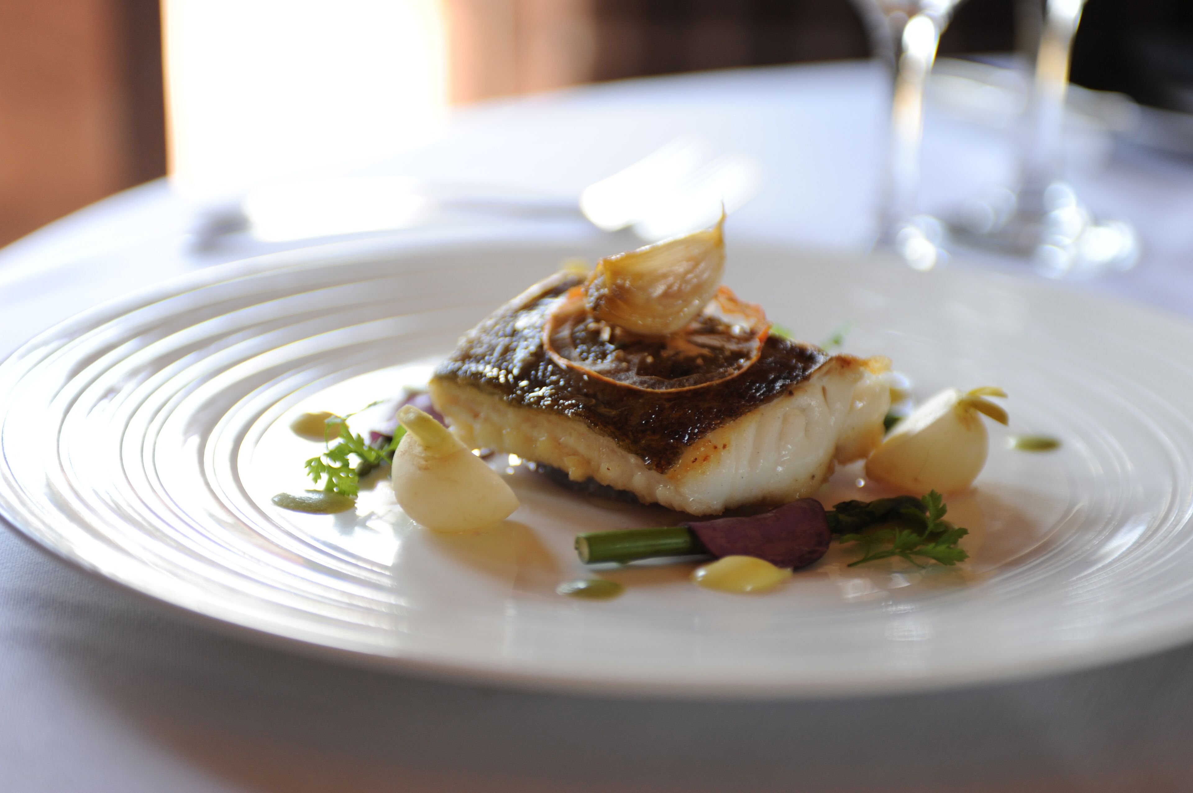 A white plate with a piece of fish, garnished with a slice of onion and some herbs.