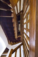 A wooden staircase with a white railing and patterned carpet.