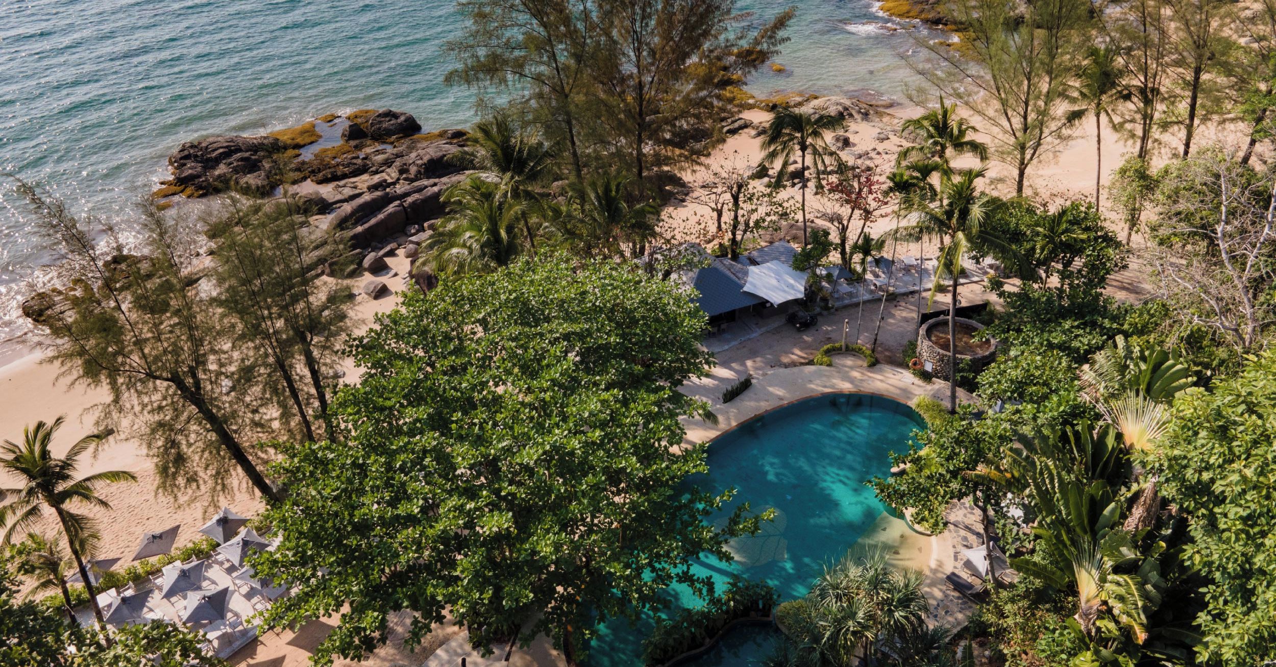 Un resort con piscina rodeada de vegetación tropical y una playa.