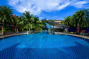 Outdoor pool, pool umbrellas, pool loungers