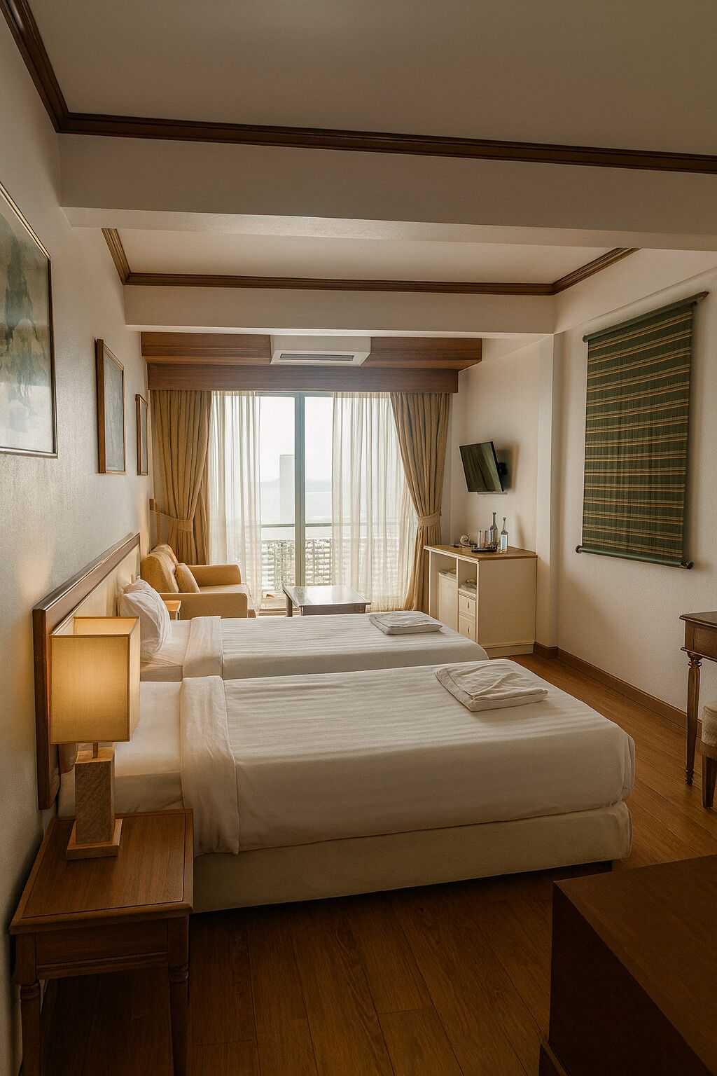 Ein Hotelzimmer mit zwei Betten, einem Schreibtisch, einem Fernseher und einem Fenster mit Vorhängen.
