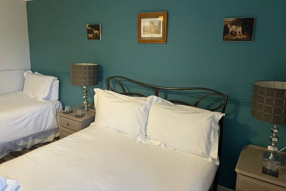 A hotel room with two beds, a nightstand with a lamp, a dresser, and a wall-mounted picture frame.