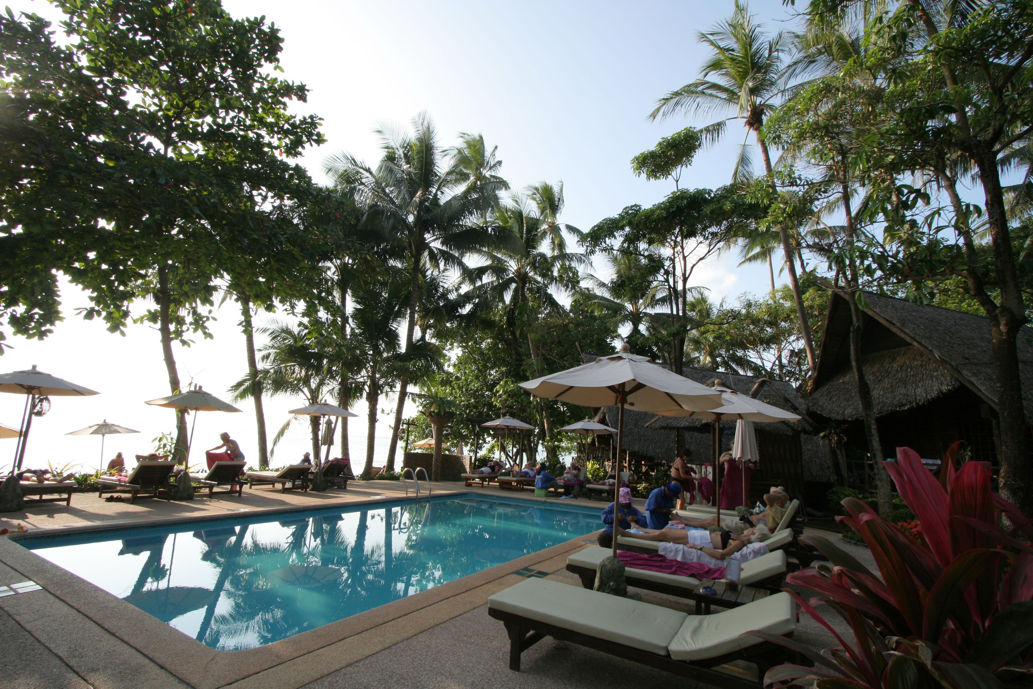 A poolside area with lounge chairs and umbrellas, surrounded by palm trees and a thatched-roof structure.