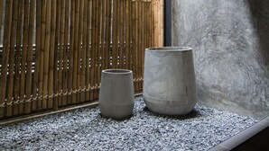 Una habitación con pared de bambú, una maceta de concreto y pared texturizada.