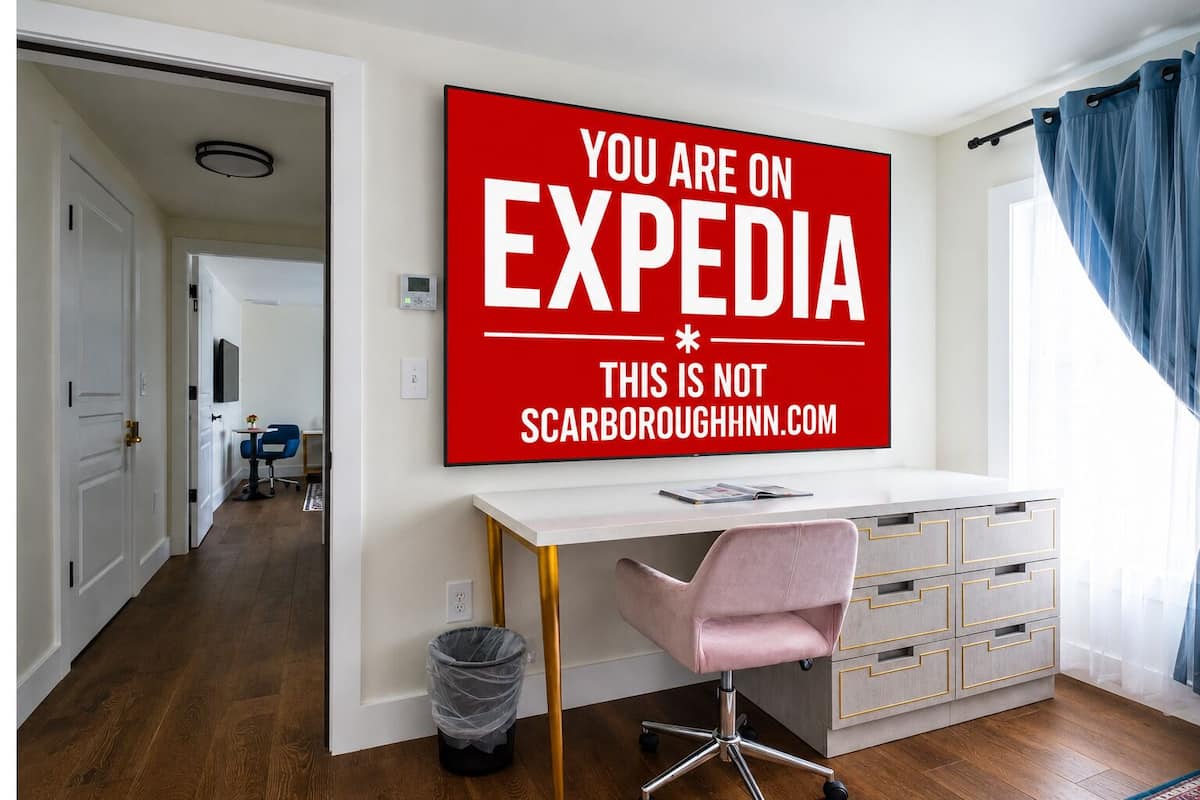 Une pièce comprenant un bureau, une chaise, une poubelle et un grand panneau rouge sur le mur.