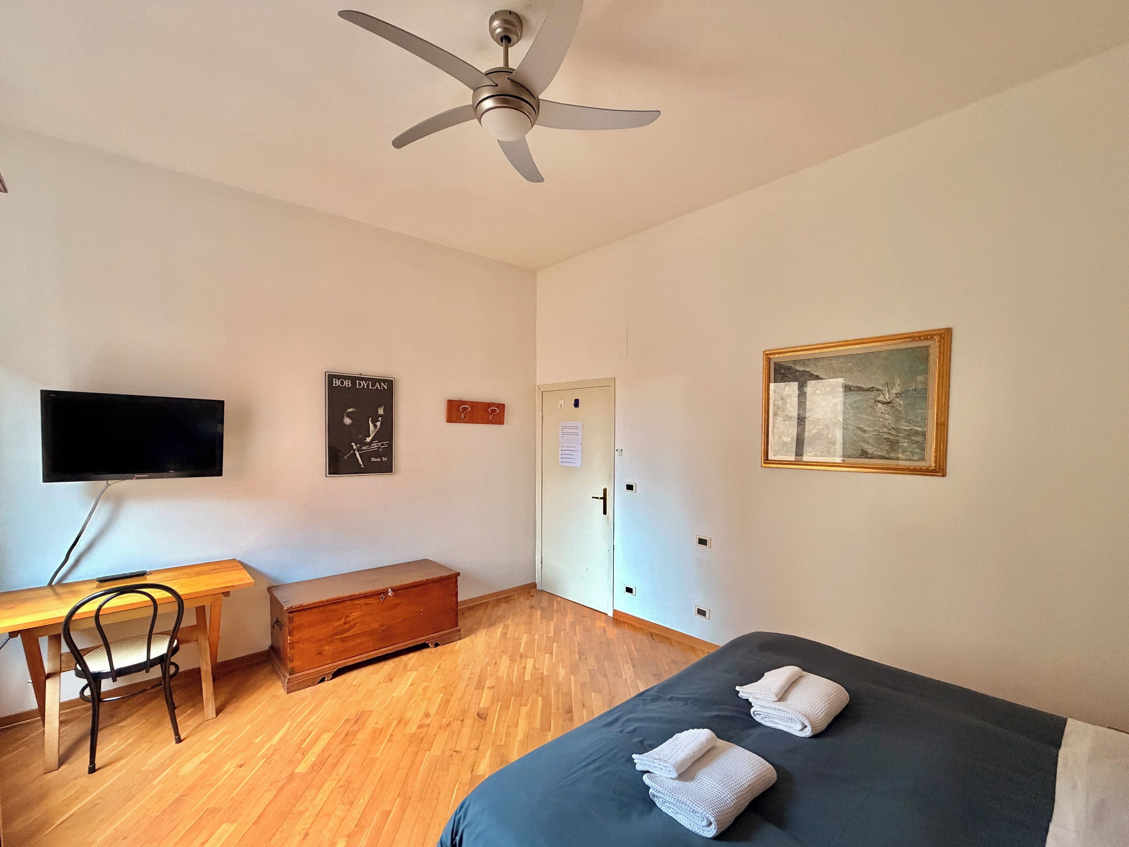A room with a bed, a desk, a chair, a television, a ceiling fan, a door, and a framed picture on the wall.