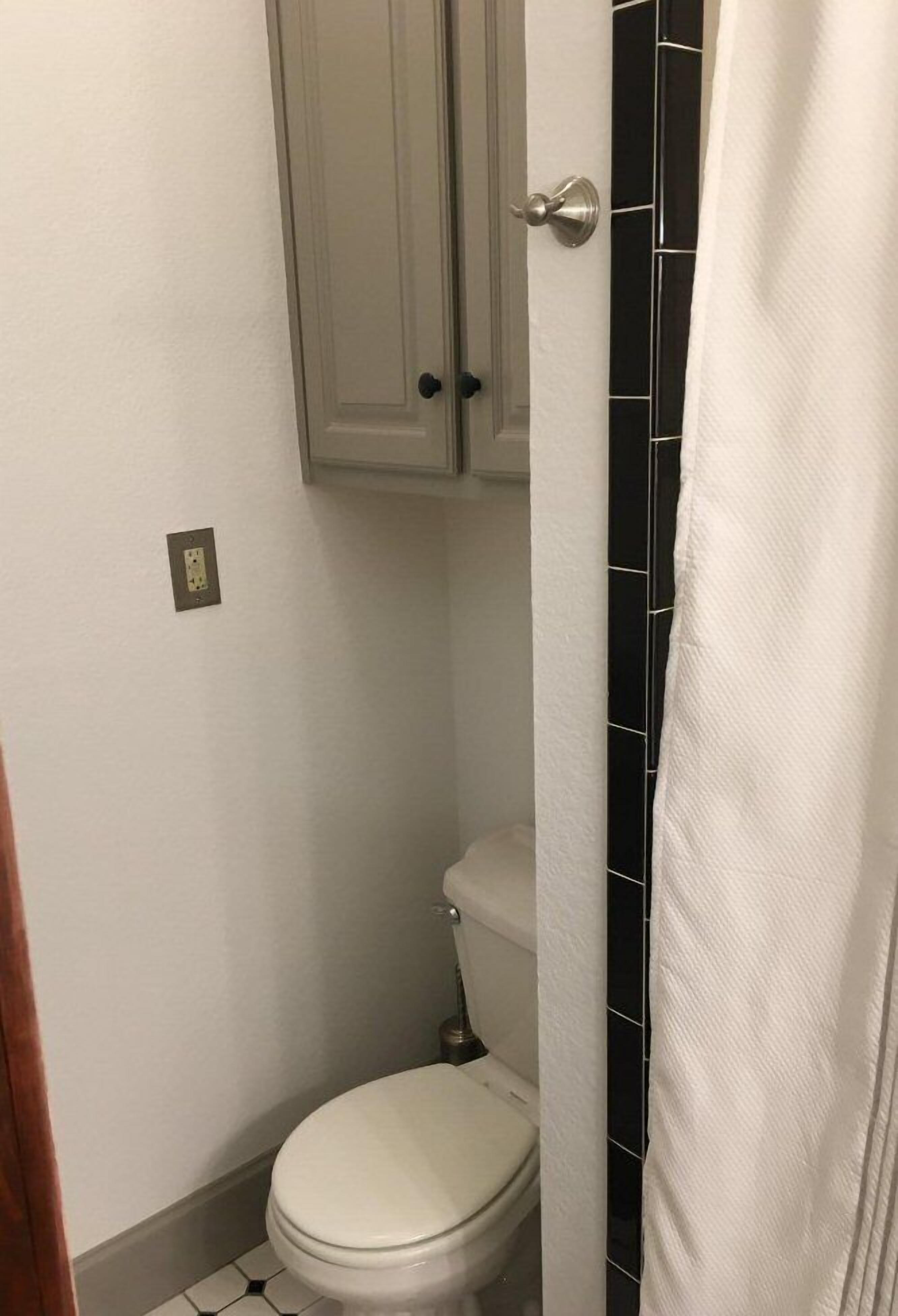 Une petite salle de bain compacte, avec des toilettes, un meuble au-dessus et un mur recouvert de carreaux noirs.