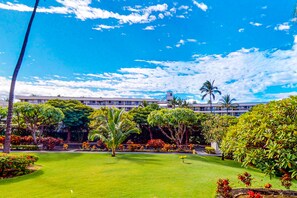 Un patio de hotel con un césped bien cuidado, diversas plantas tropicales y un edificio de varios pisos al fondo.