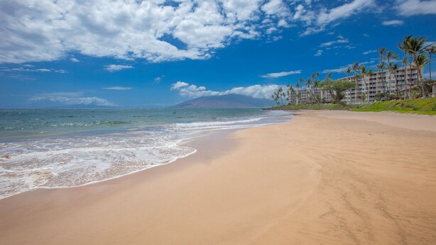 A beach with a clear sky, ocean waves, and a mountain in the distance. - Kihei Akahi (Kihei)