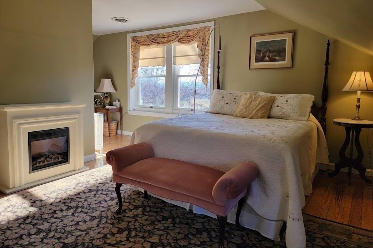 A bedroom with a large bed, a fireplace, a window with curtains, and a bedside table.