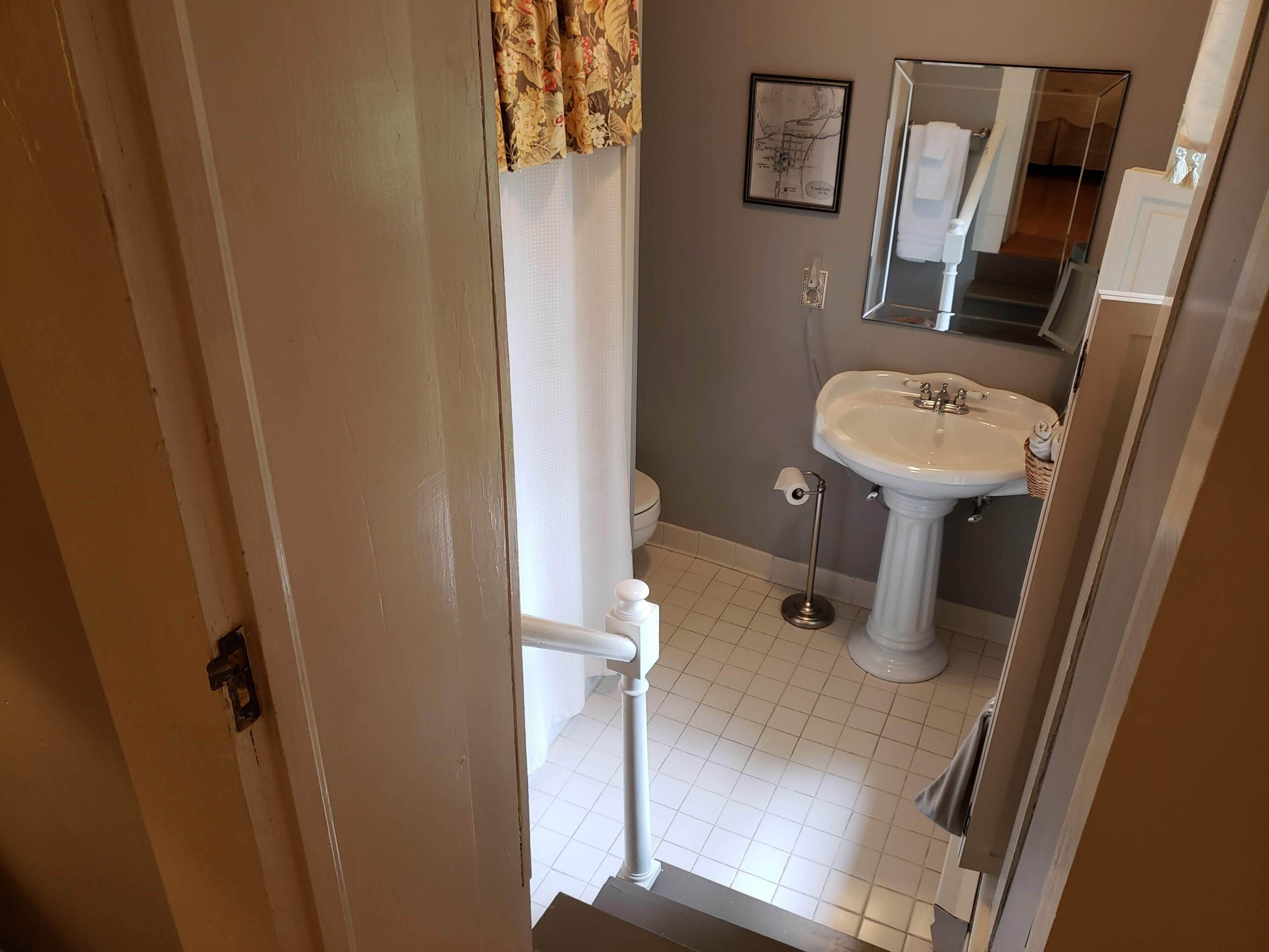 Un baño con inodoro, lavabo y espejo.