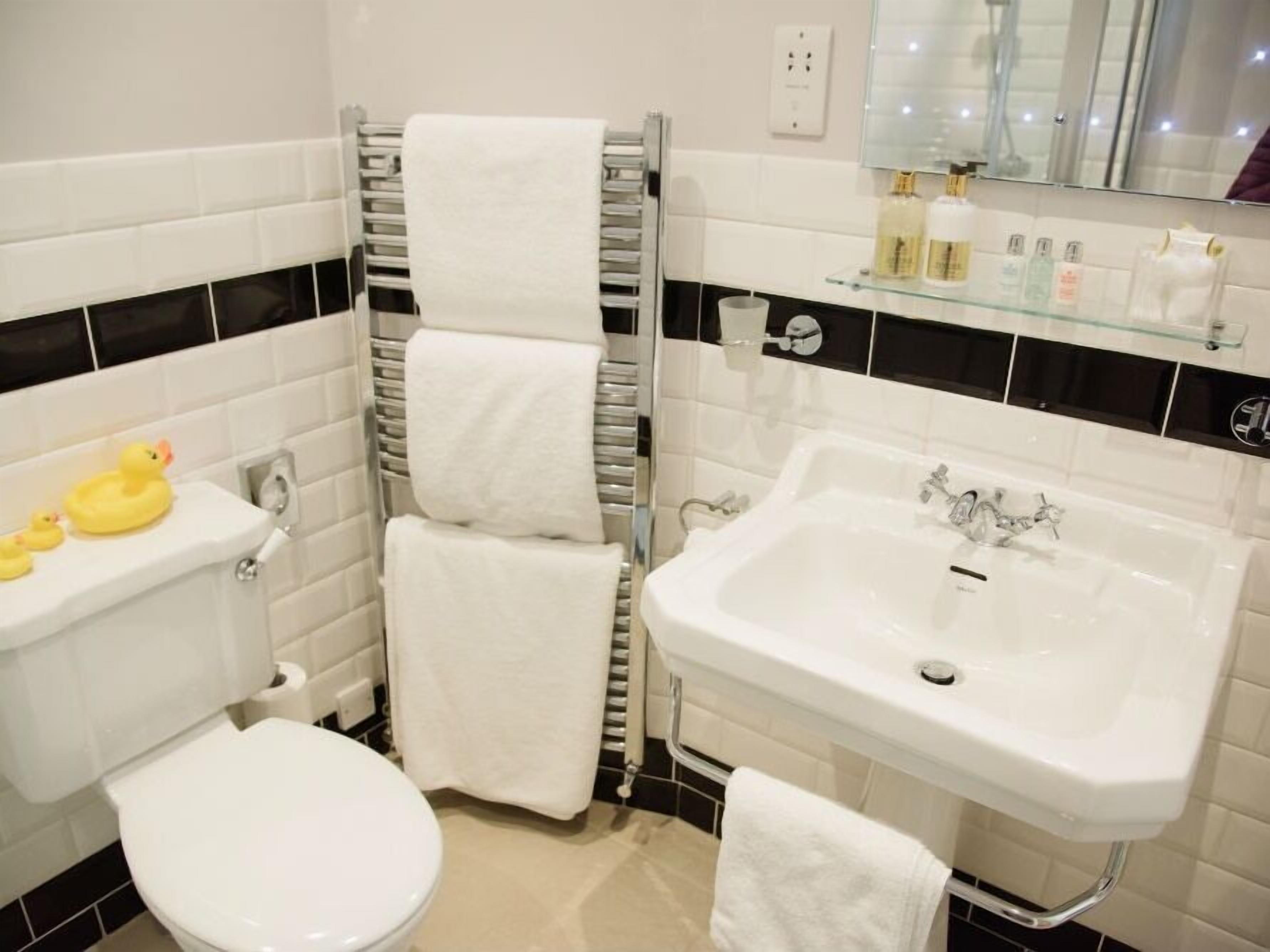 A bathroom with a toilet, sink, and towel rack.