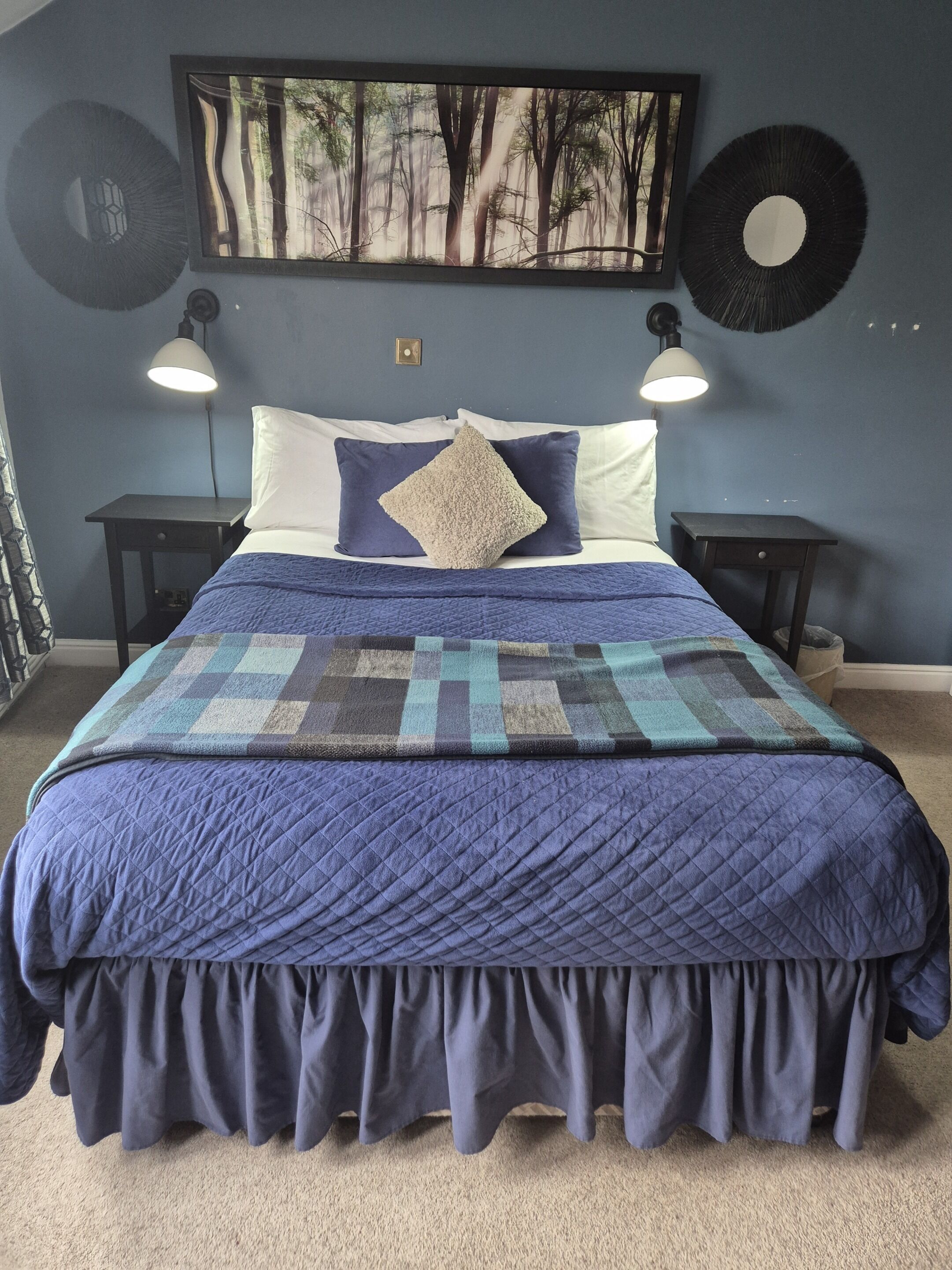 A bedroom with a bed, two bedside tables, a wall-mounted lamp, and a framed picture of trees.