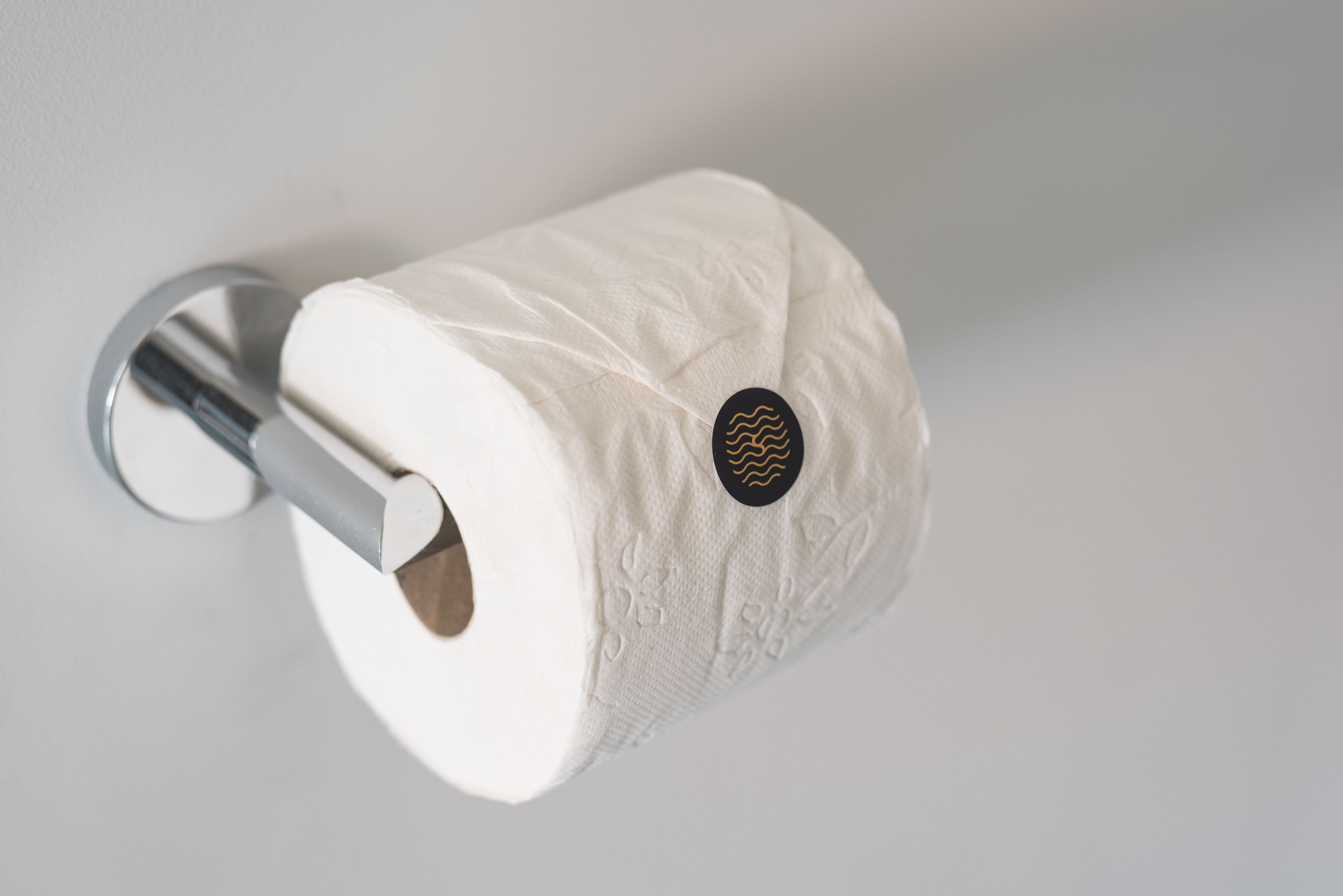 Eine an der Wand befestigte Toilettenpapierrolle.