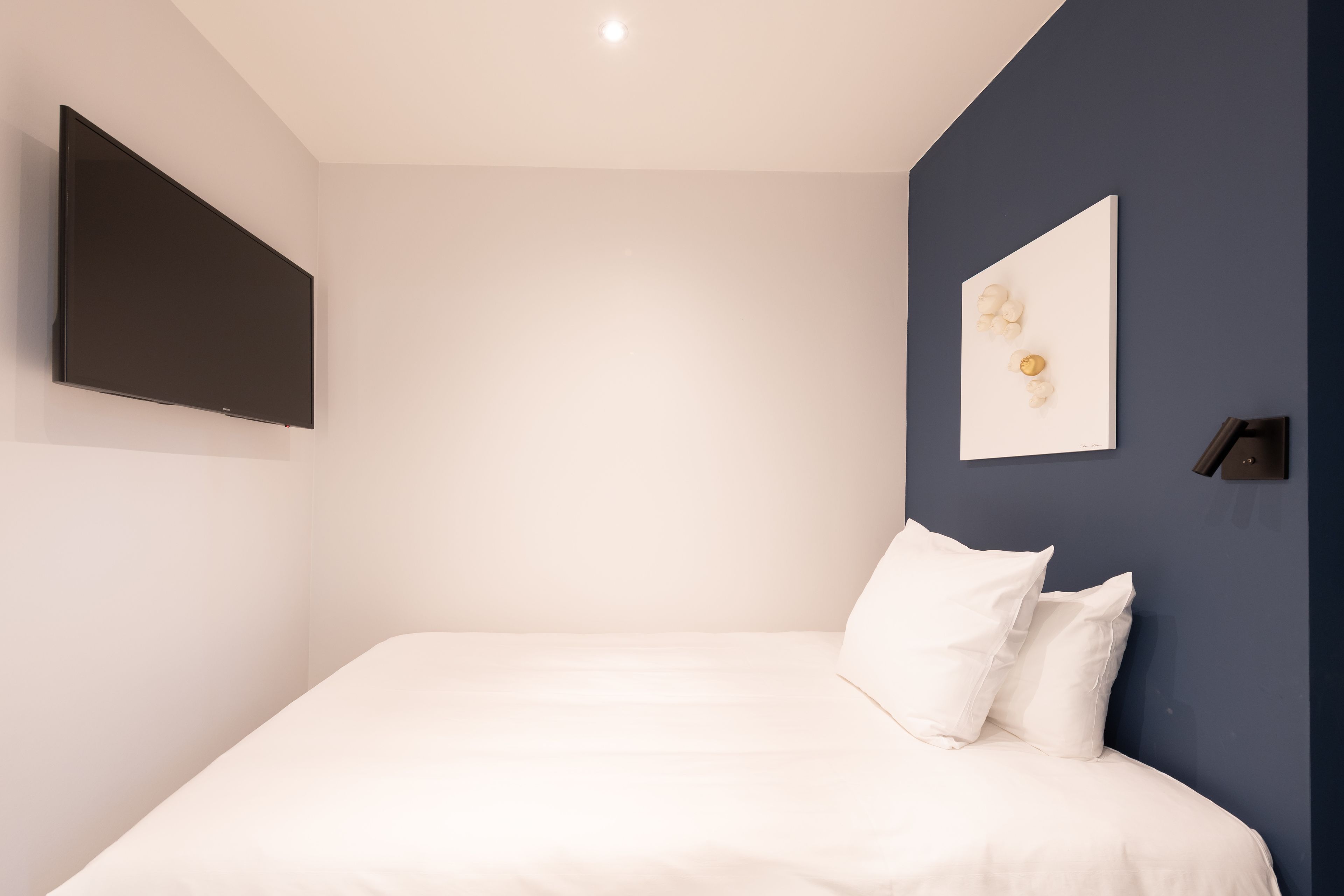 Une chambre moderne avec un grand lit, un téléviseur à écran plat fixé au mur et une décoration minimaliste.