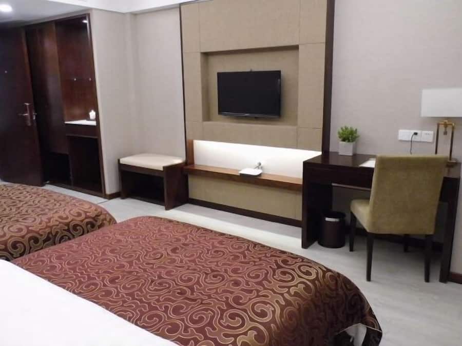 Een hotelkamer met twee bedden, een bureau, een stoel, een televisie en een kleine plant.