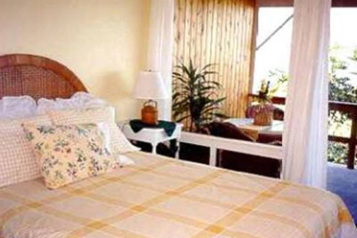 A bedroom with a bed, a nightstand, a lamp, and a view of the outdoors.