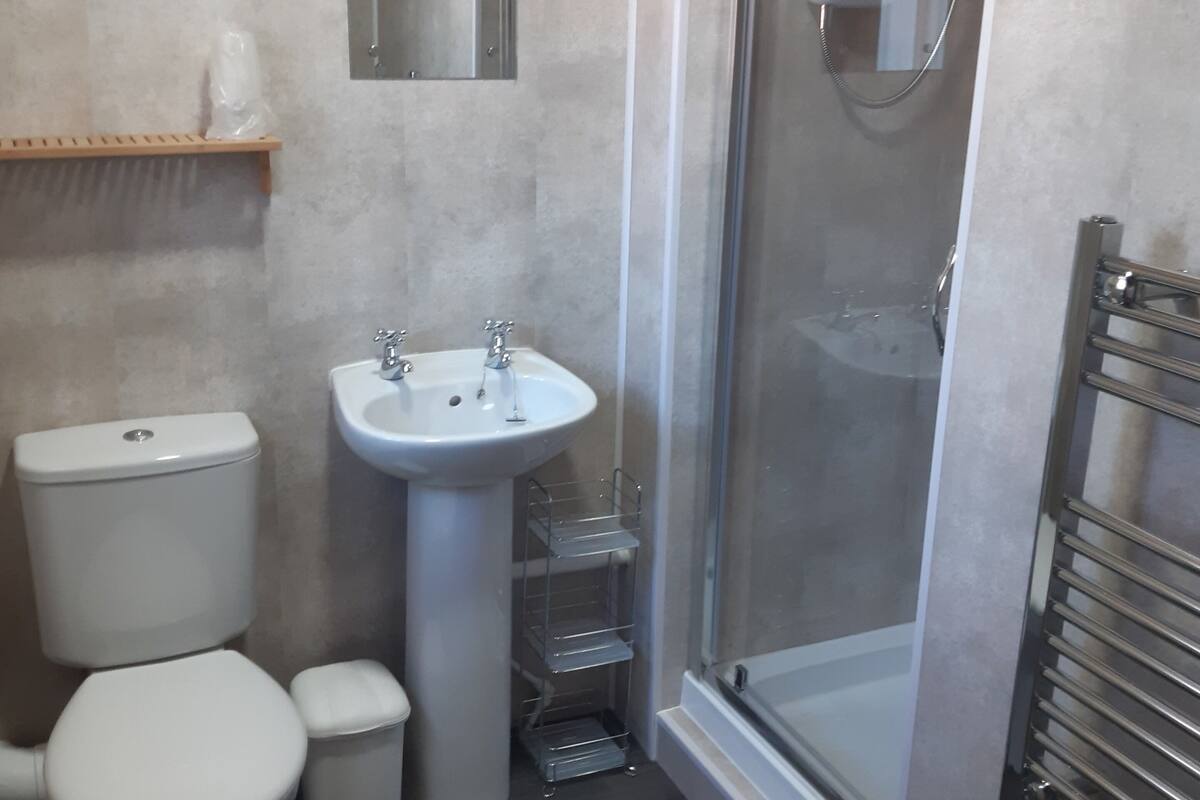A bathroom with a toilet, sink, and shower.