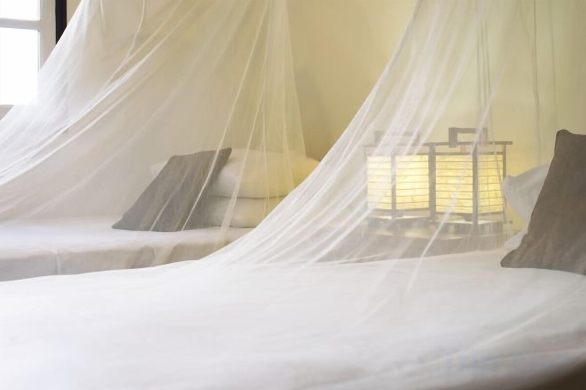 A bed with a canopy, pillows, and a bedside table with a lamp.