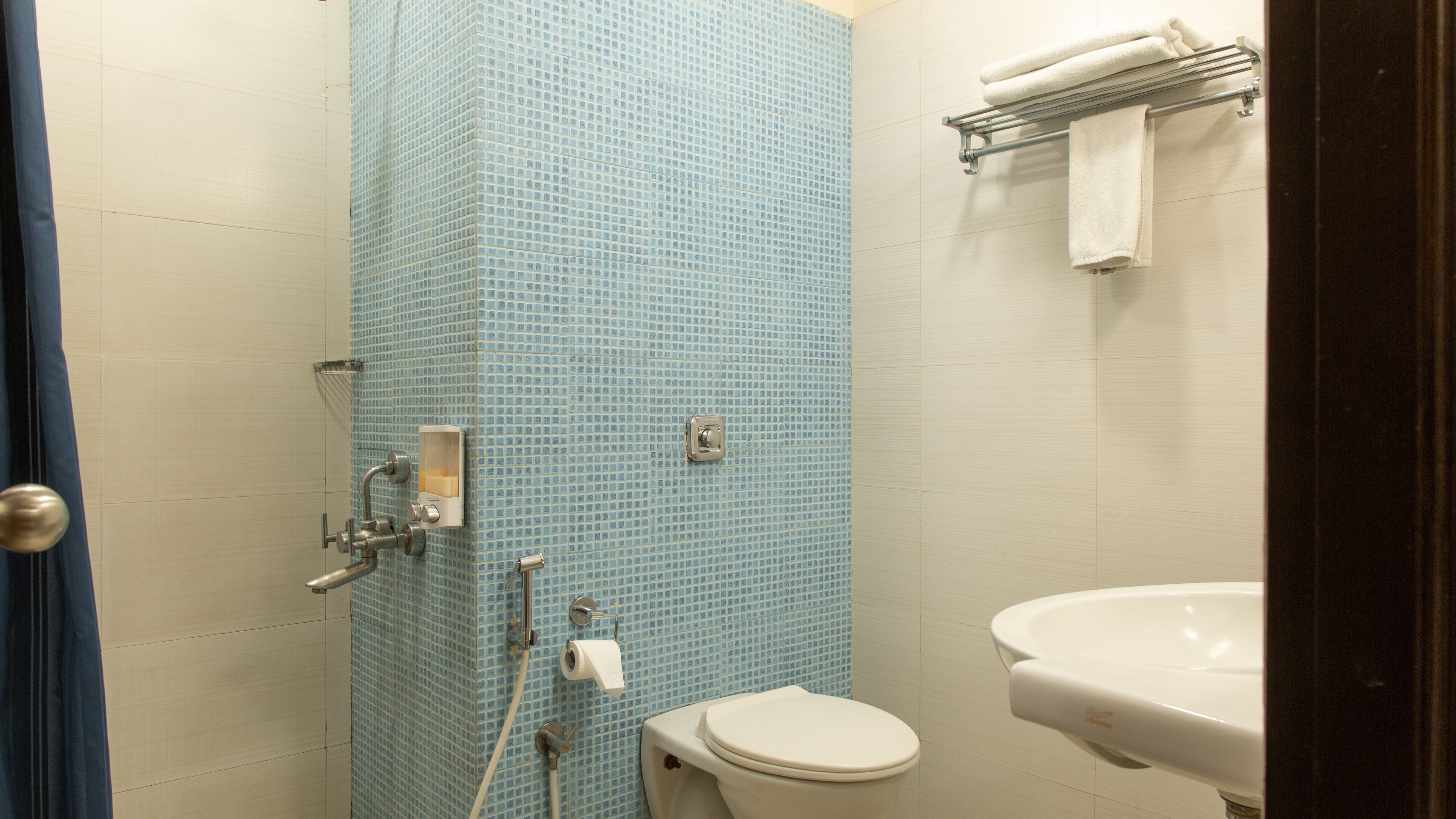 A bathroom with a blue tiled shower wall, a white toilet, and a white sink.