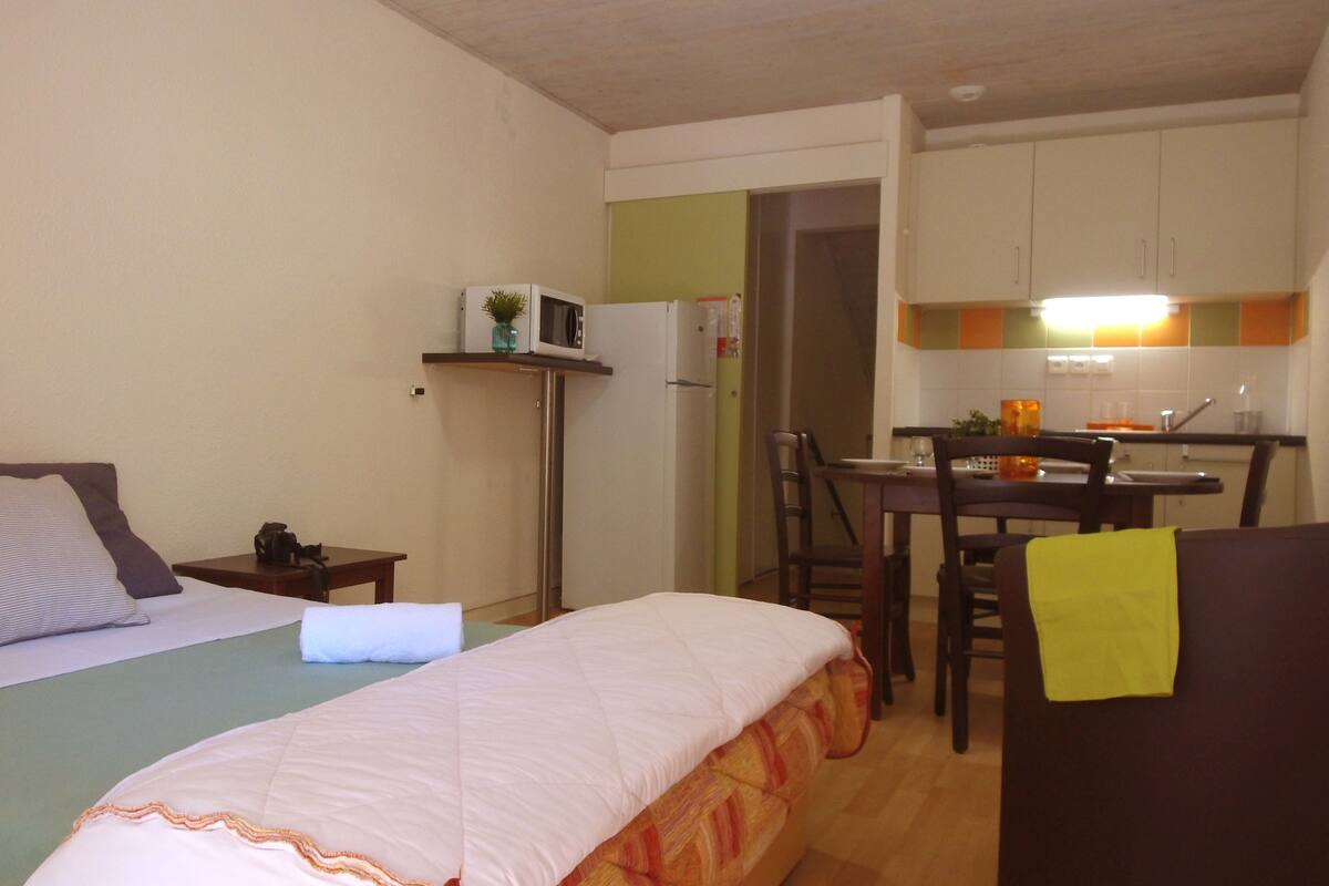 Een kleine, compacte kamer met een bed, een bureau en een kitchenette.