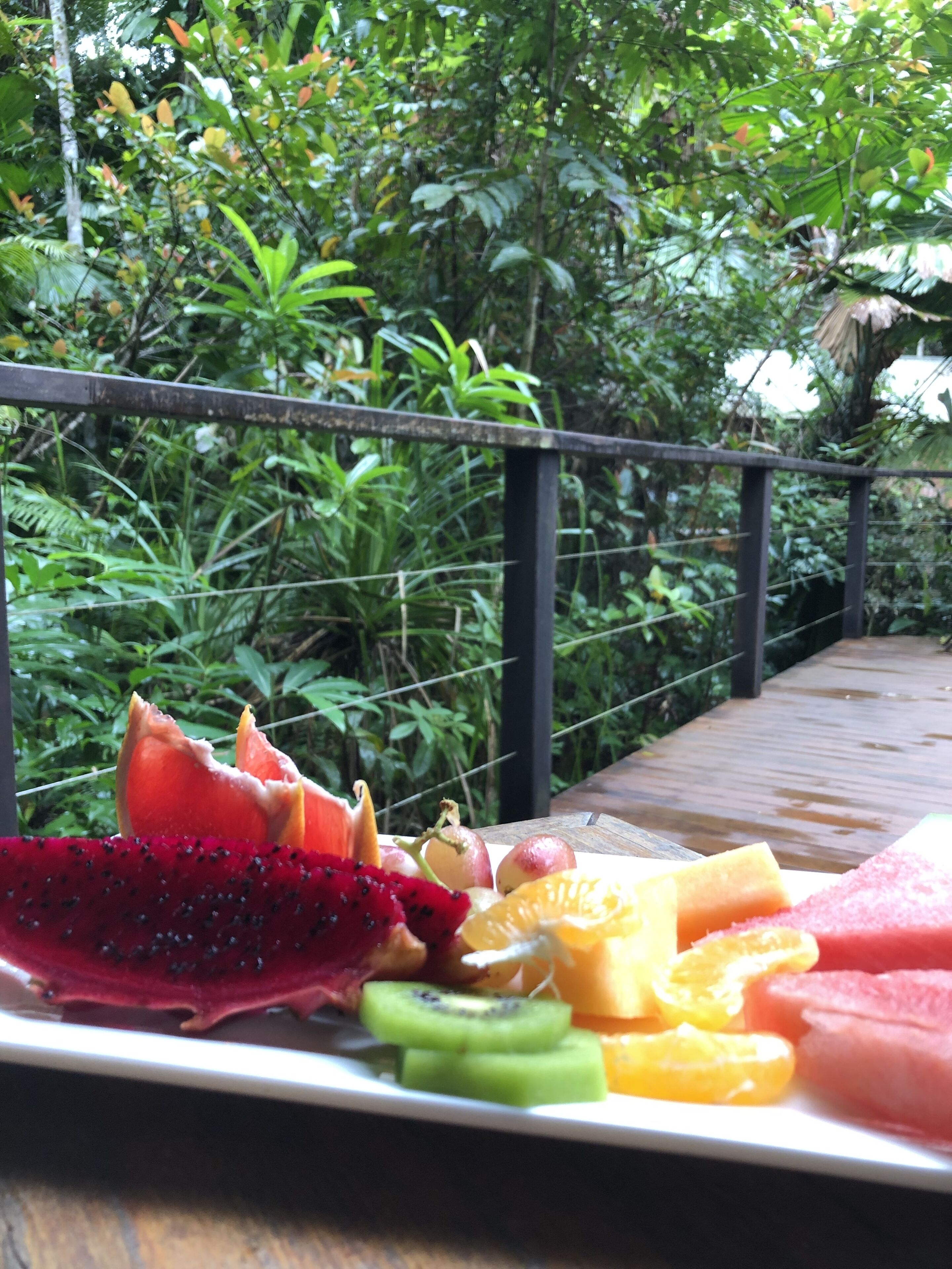 A wooden deck with a fruit platter.