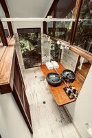 Shower, designer toiletries, hair dryer, towels