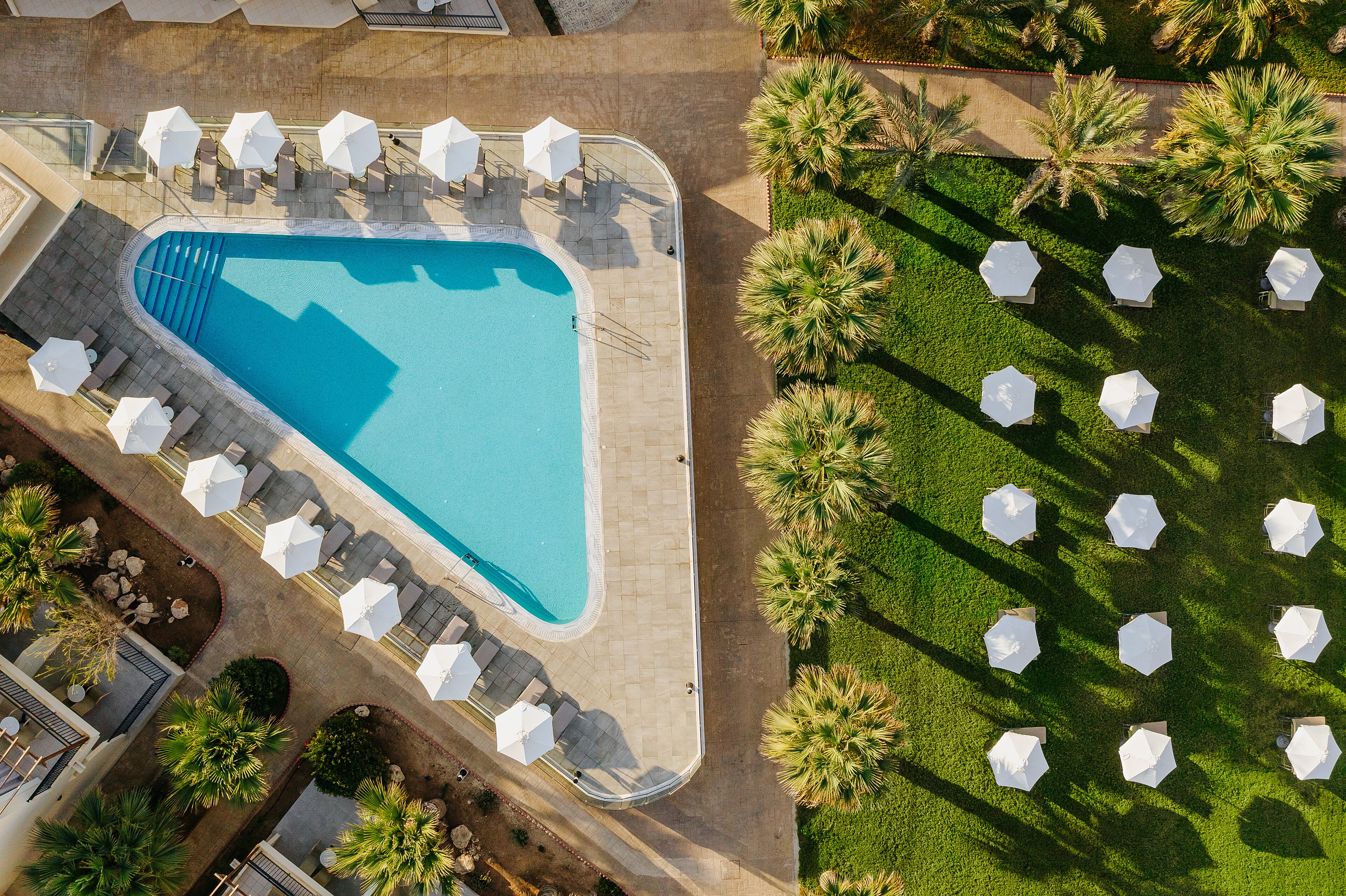 An aerial view of a swimming pool surrounded by lounge chairs and umbrellas, with palm trees and a well-maintained lawn.
