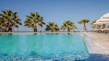 Indoor pool, pool umbrellas, pool loungers