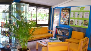 A room with a yellow sofa, a wooden coffee table, a potted plant, and a glass display case with pottery. - VVF Dordogne Lot, Martel-Gluges (Montvalent)