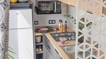 Fridge, microwave, stovetop, electric kettle