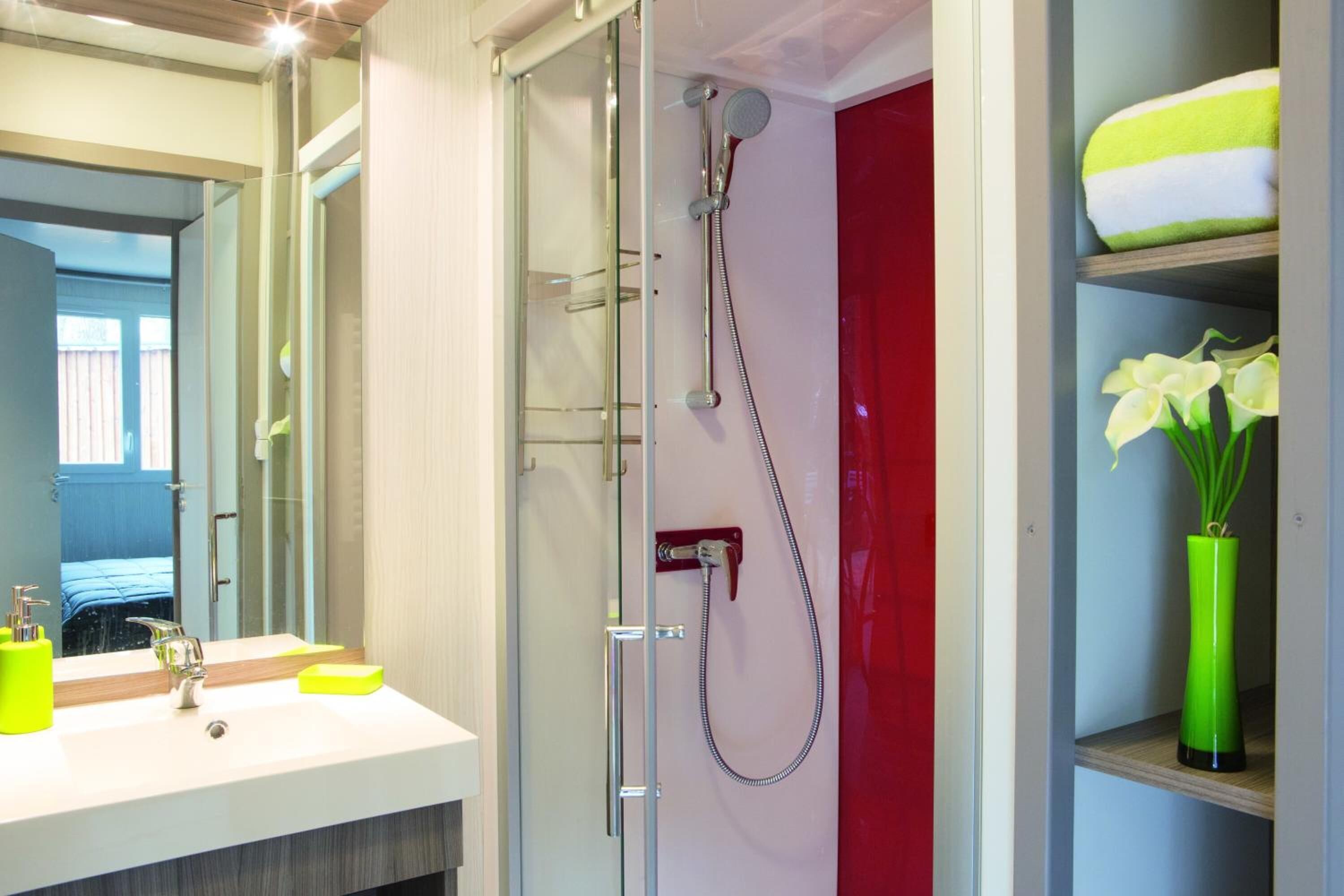 A bathroom with a glass-enclosed shower, a white sink with a mirror, and a green vase with flowers.