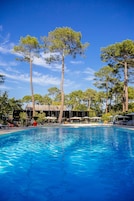 Una piscina con agua cristalina azul, rodeada de árboles altos y una terraza de madera con sillas de descanso y sombrillas.