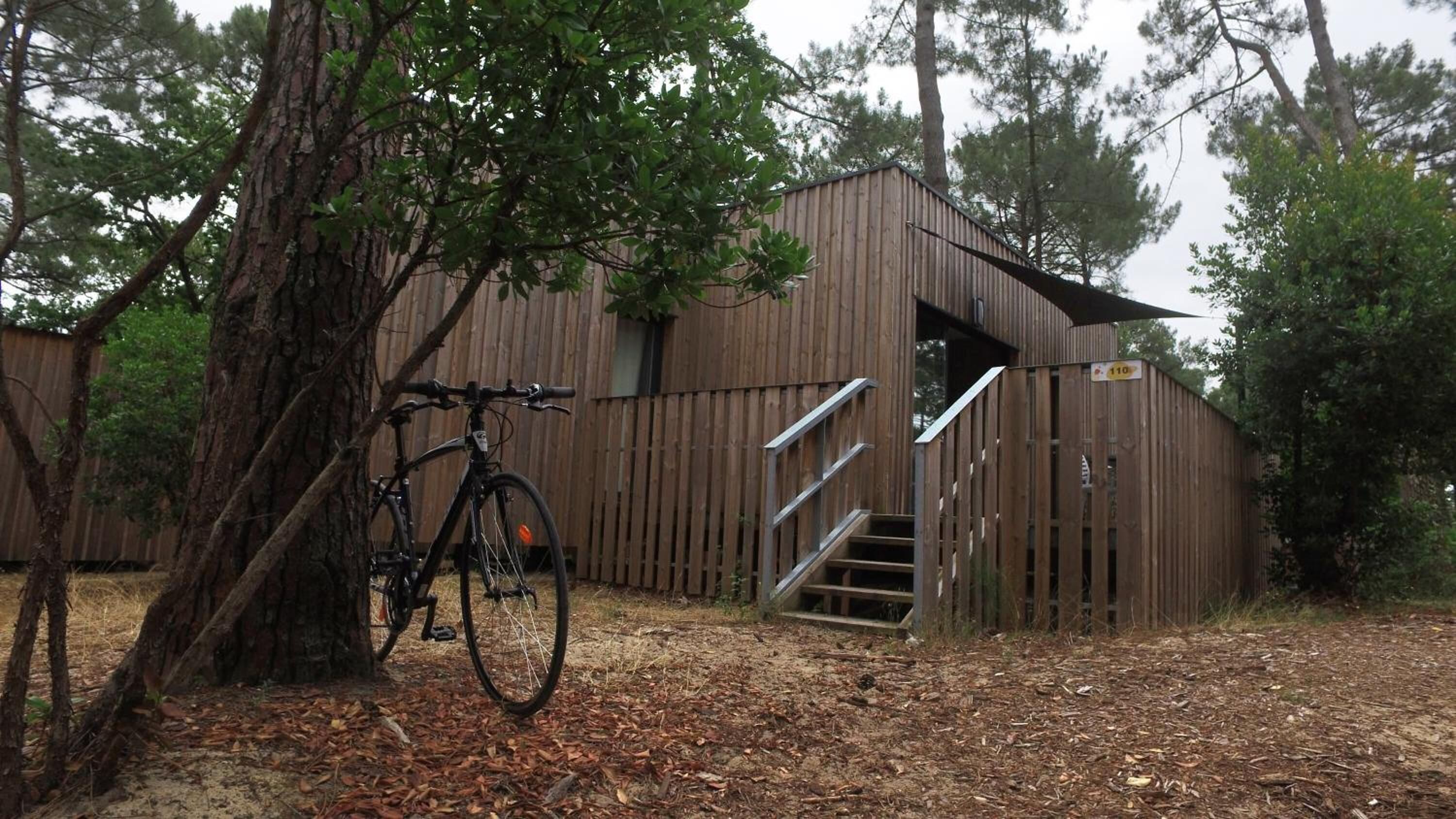 A wooden building with a staircase leading to an entrance, a bicycle parked against it, and a tree nearby.