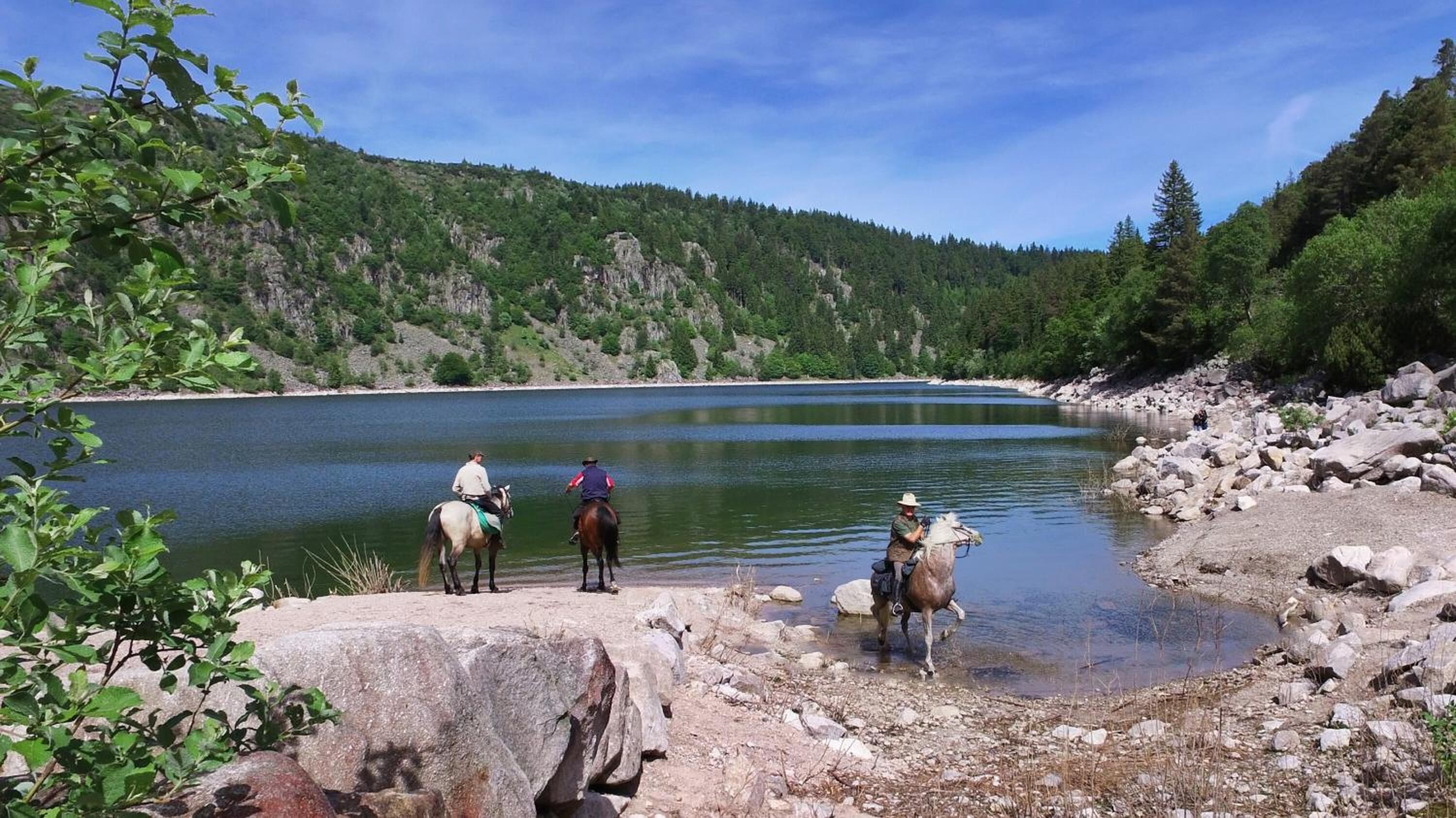 A group of people on horseback by a calm lake surrounded by rocky terrain and dense forest.