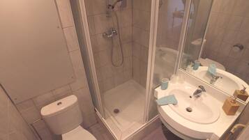 A bathroom with a toilet, a shower with a glass door, and a sink with a mirror.