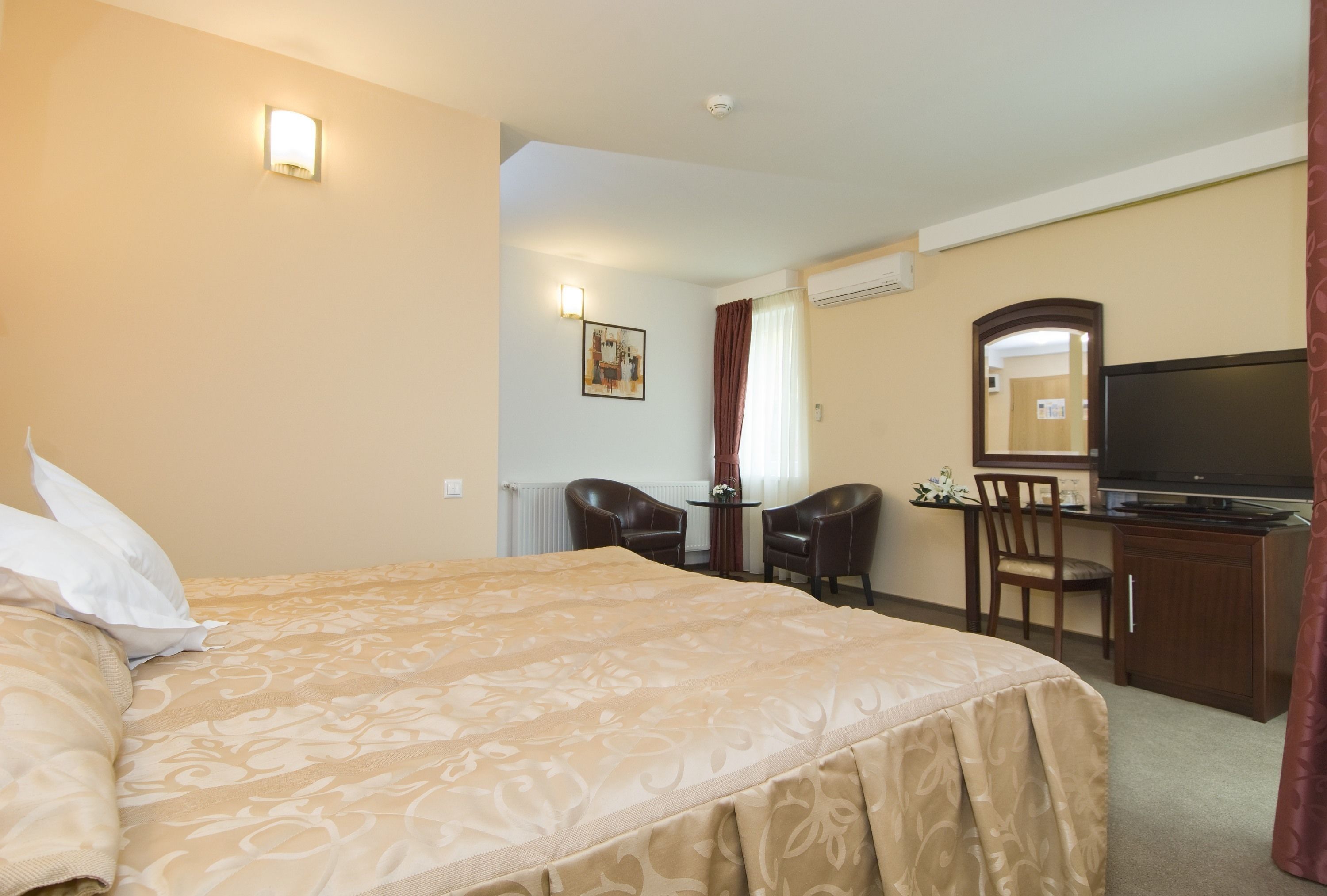 Habitación de hotel con una cama grande, un escritorio con silla, un televisor y un espejo.