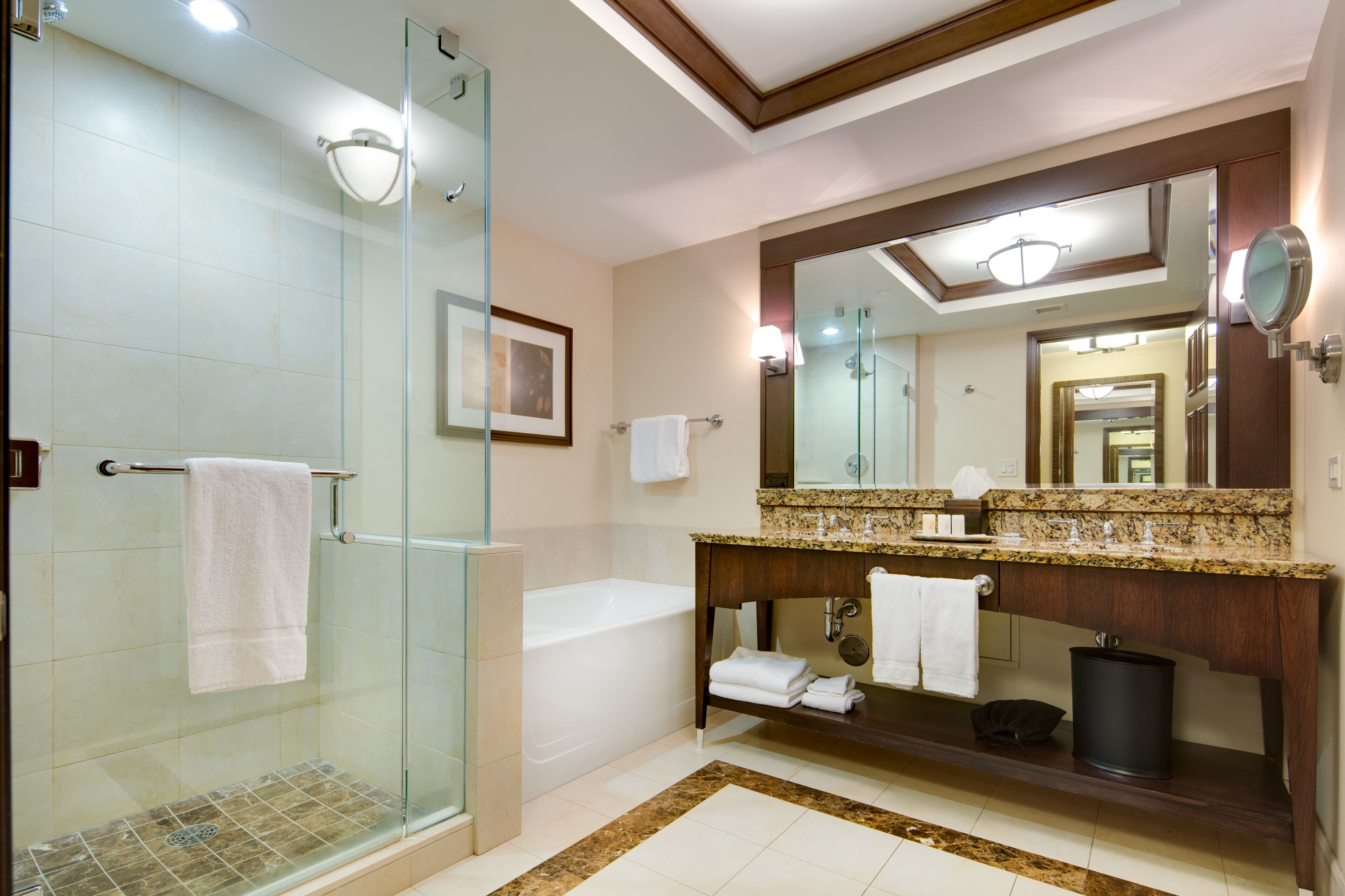 separate bathtub and shower, free toiletries, hair dryer, towels