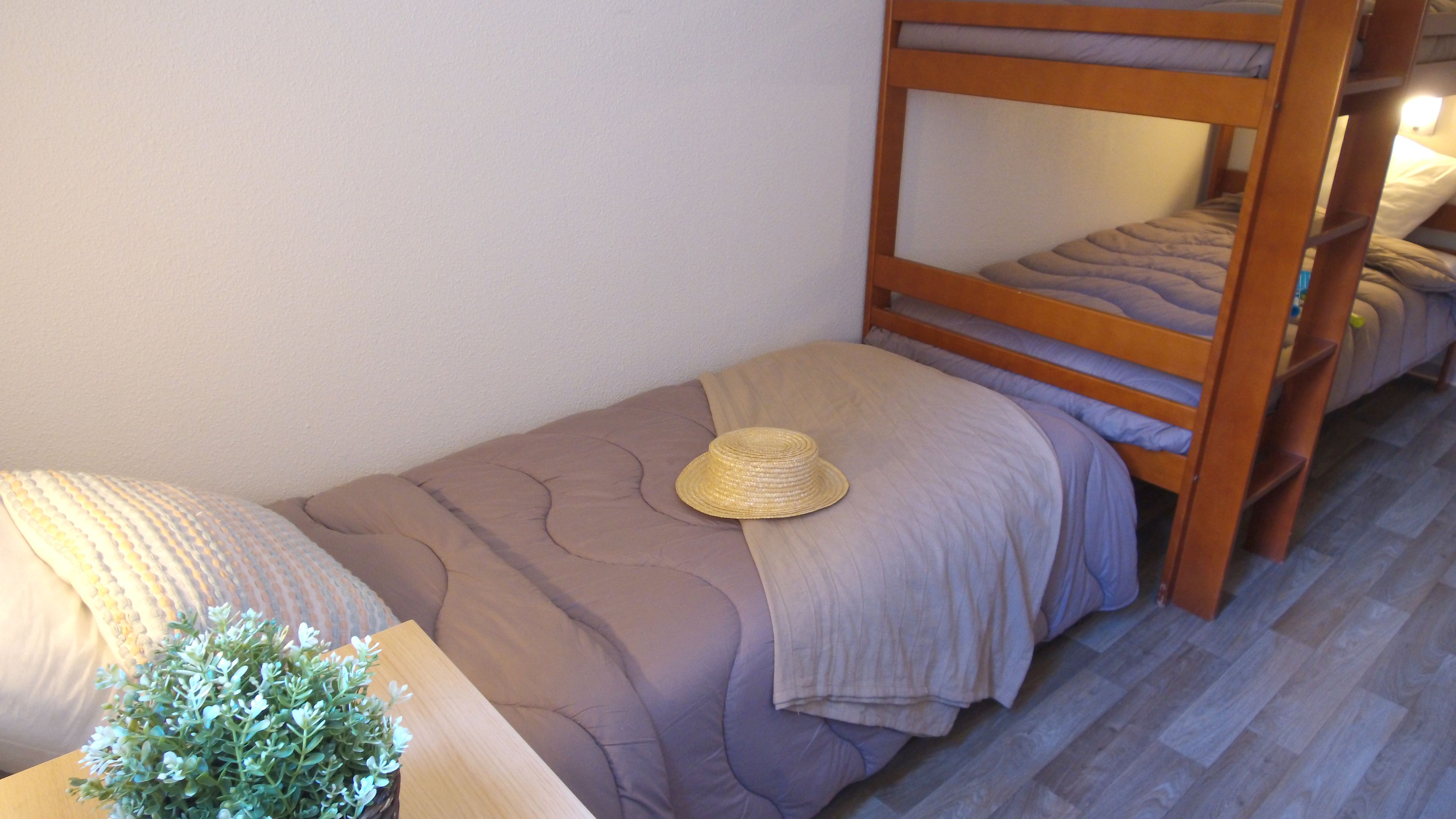 Una cama litera con un sombrero en la cama inferior y una planta pequeña al lado.