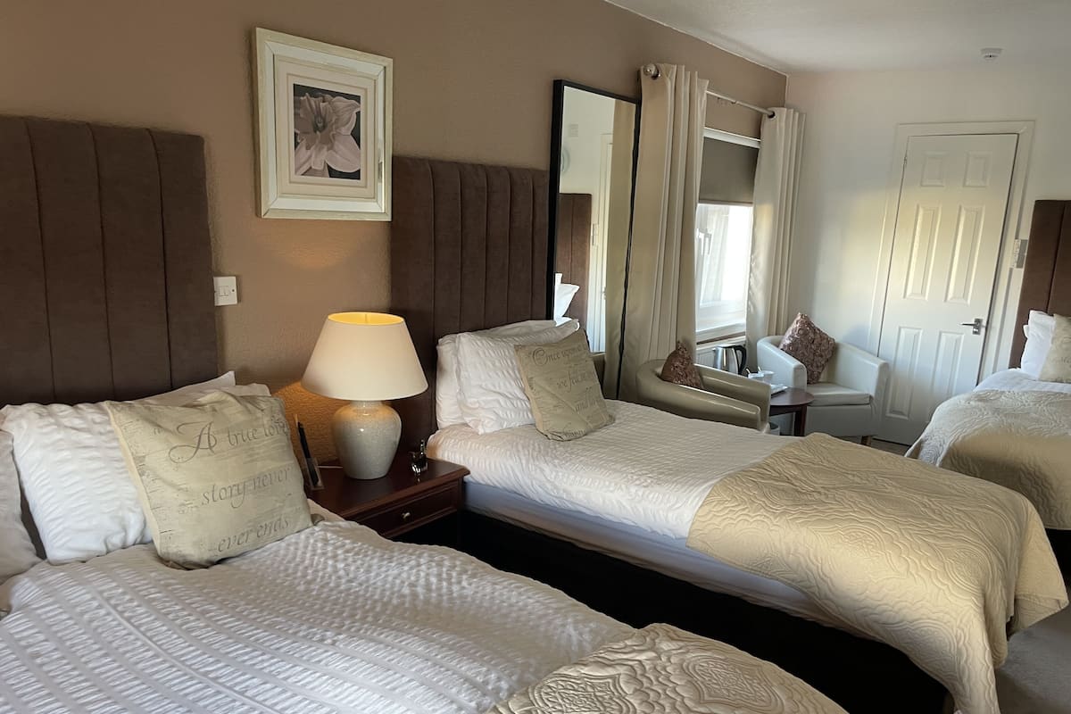 A hotel room with two beds, a nightstand with a lamp, a chair, a desk, a mirror, and a door.